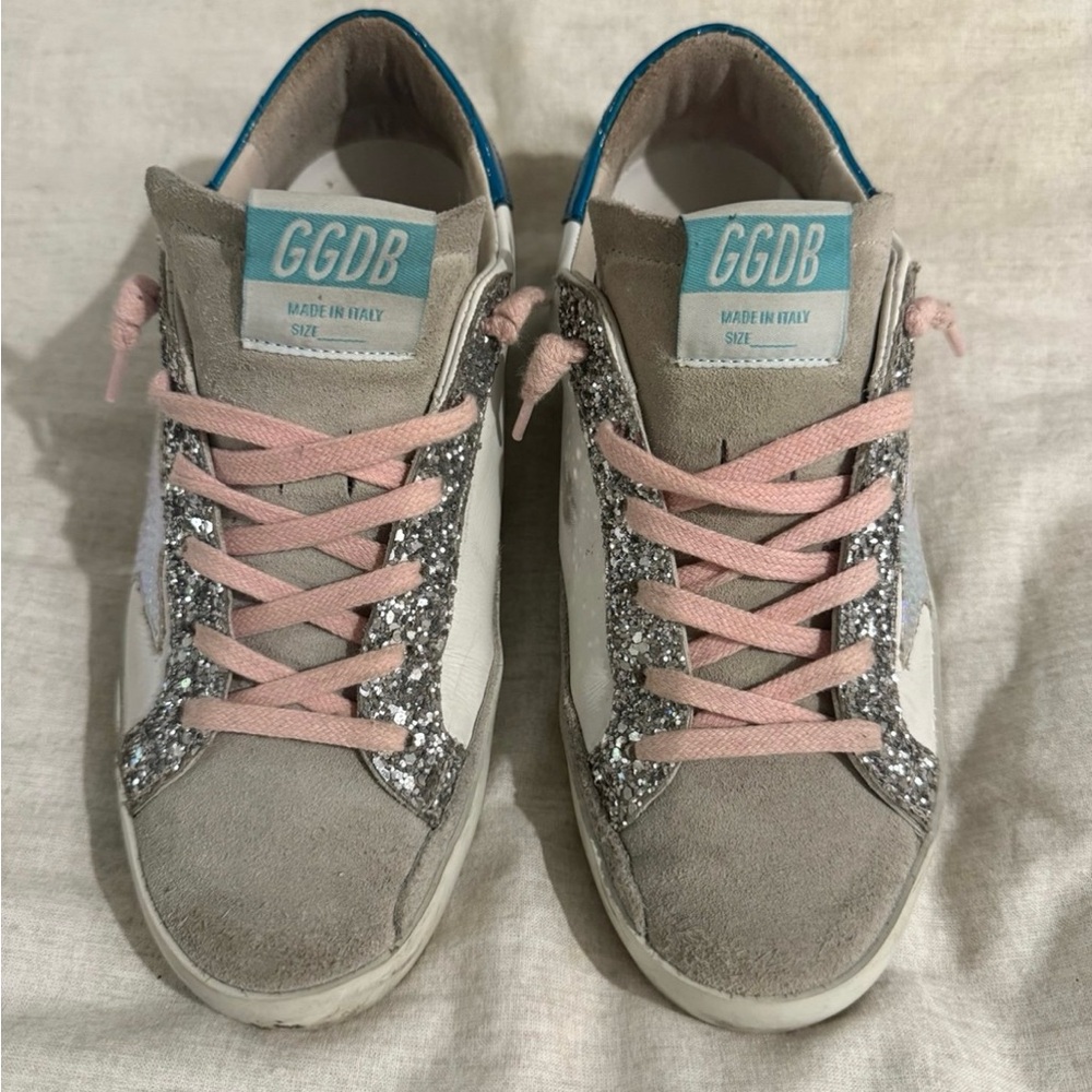 Golden Goose White Sneakers with Pink Laces, Silver Glitter & Blue Heel Tab - Picture 5 of 5